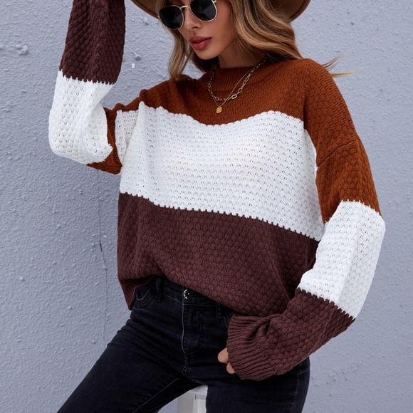 Brown White Oversized Color Block Knit Sweater - Picture 2 of 4